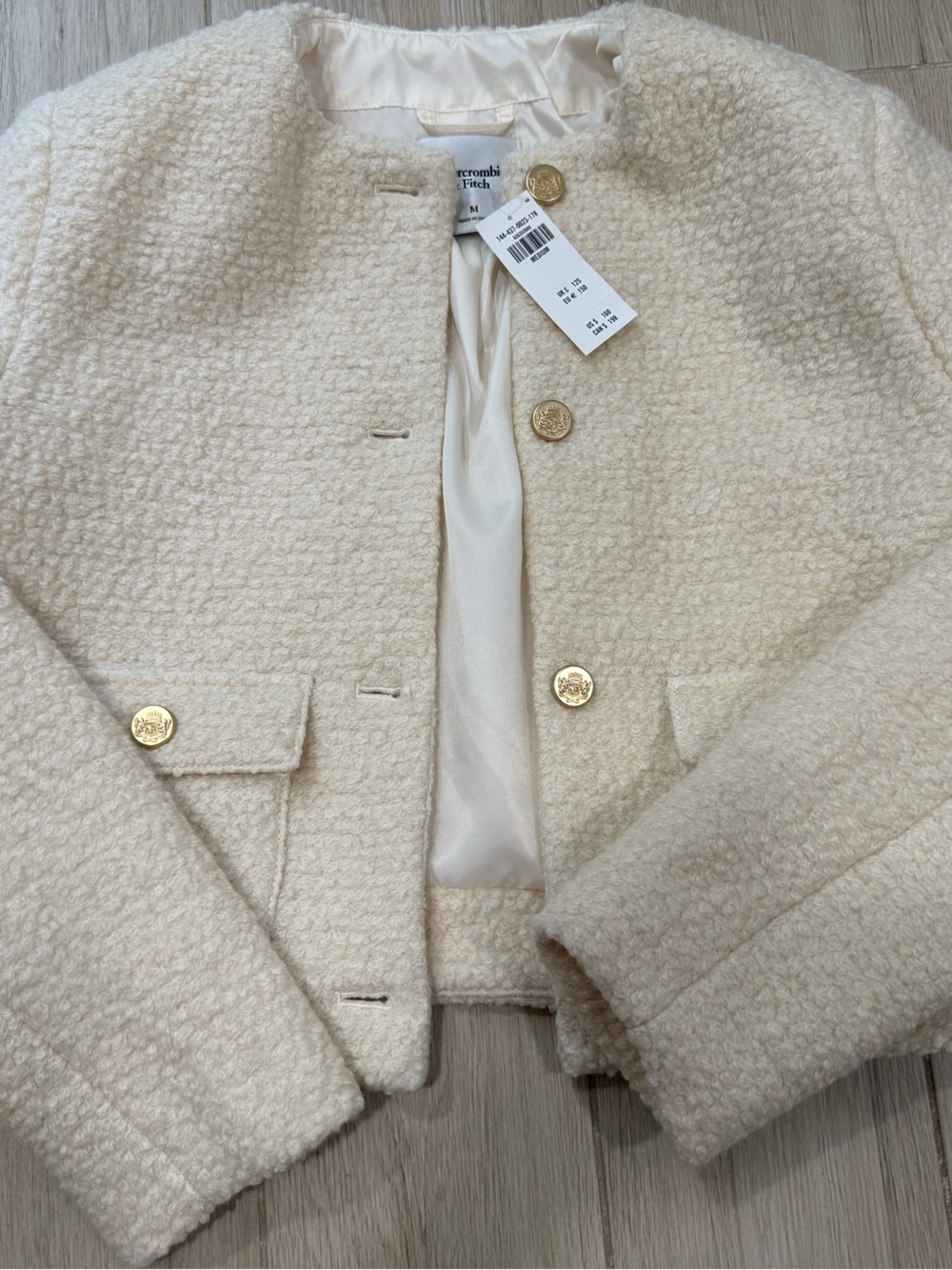 Abercrombie & Fitch Cream Bouclé Collarless Blazer with Gold Buttons